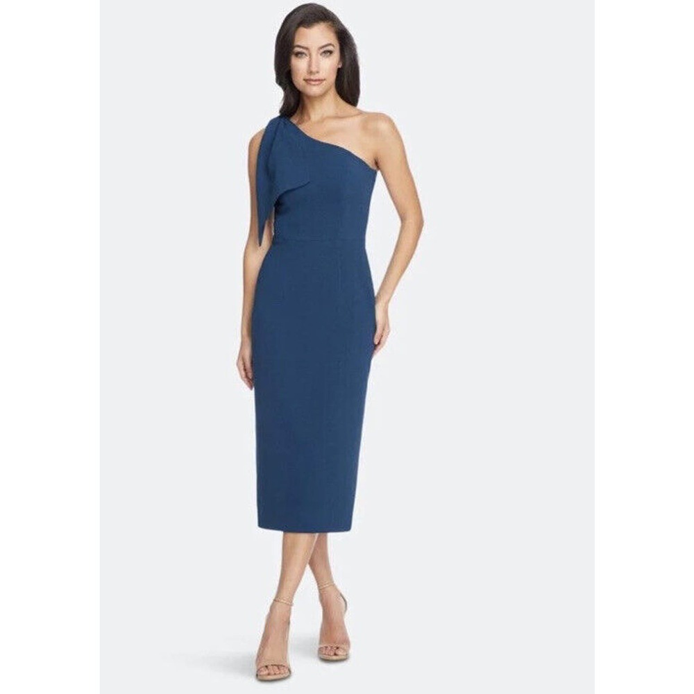 DRESS THE POPULATION Tiffany One-Shoulder Midi Dress Peacock Blue Size Large, L